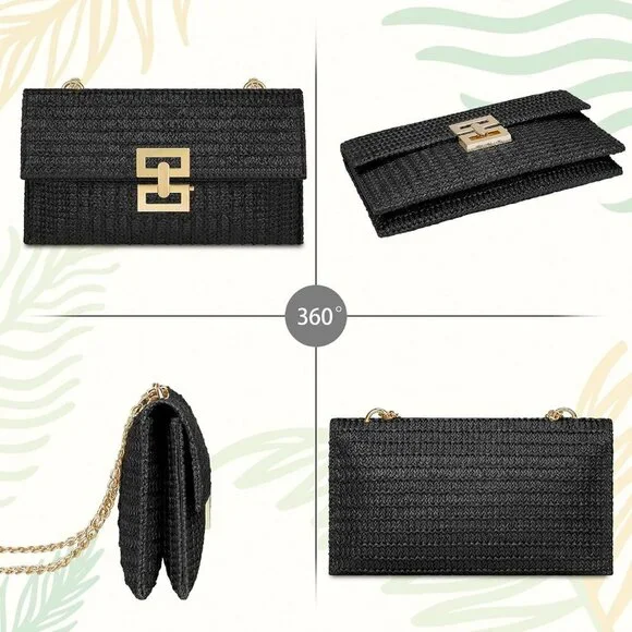 Black Woven Raffia Beach Clutch Crossbody Bag with Chain Strap for Women - Picture 3 of 7